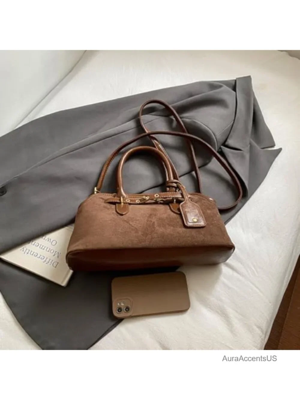 Faux Suede Slouchy Hobo Tote Bag Women Crossbody Shoulder Purse Vintage